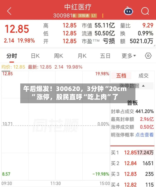 午后爆发！300620，3分钟“20cm”涨停，股民直呼“吃上肉”了-第1张图片