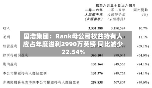 国浩集团：Rank母公司权益持有人应占年度溢利2990万英镑 同比减少22.54%-第1张图片